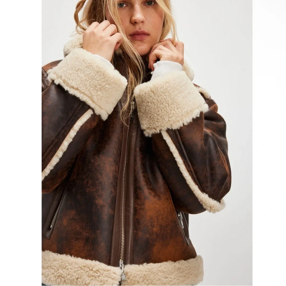 Stand Studio Lessie Faux Leather & Shearling Brown Cream Jacket size 36/US 4 NEW - Picture 1 of 12
